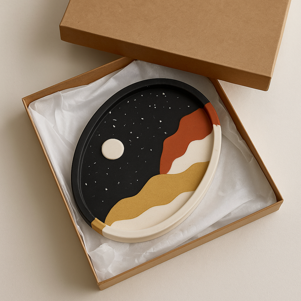 Decorative round plate with abstract wavy color bands in black, tan, orange, white and beige, in a brown gift box with tissue paper. - Bling On Decor® | Luxury Handmade Home Decor ANJU BALA