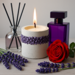Candle with purple pebble band, lavender sprigs, red rose, and a purple bottle on a light tabletop. - Bling On Decor® | Luxury Handmade Home Decor ANJU BALA