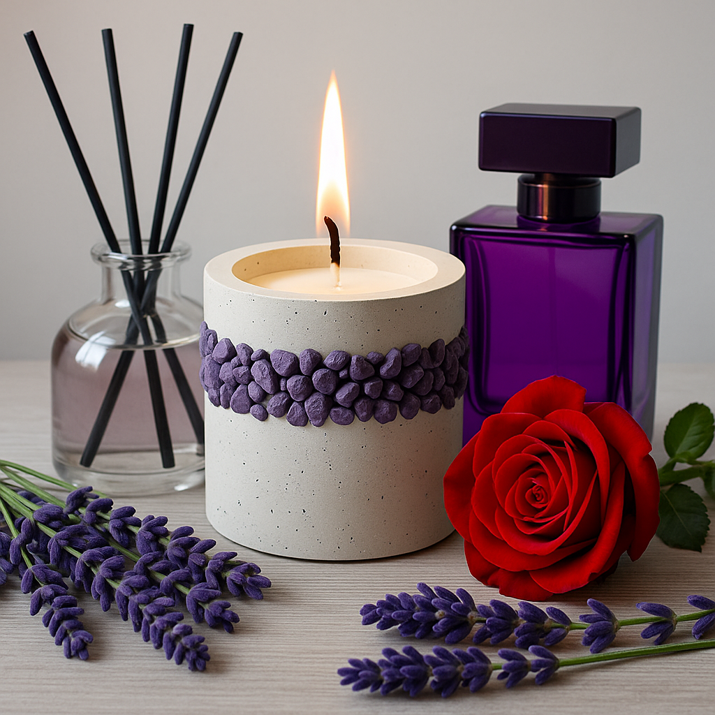 Candle with purple pebble band, lavender sprigs, red rose, and a purple bottle on a light tabletop. - Bling On Decor® | Luxury Handmade Home Decor ANJU BALA