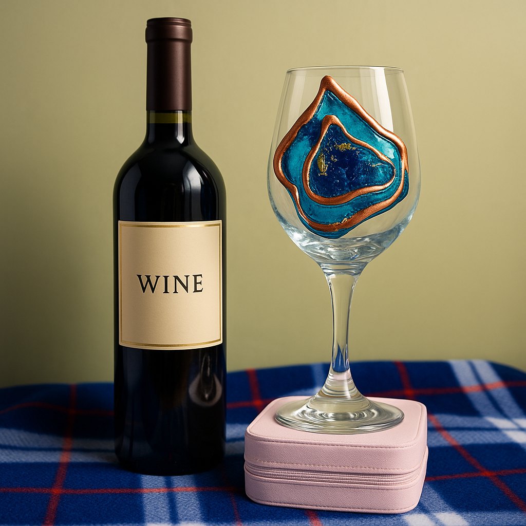 ChatGPT-Image-Apr-25-2025-12_35_16-AM.png - Bling On Decor® | Luxury Handmade Home Decor Bottle of wine beside a wine glass with a blue and copper decorative design, on a pink case atop a blue plaid cloth. - Bling On Decor® | Luxury Handmade Home Decor ANJU BALA