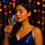 ChatGPT-Image-Apr-25-2025-12_52_47-AM.png - Bling On Decor® | Luxury Handmade Home Decor Woman in a blue sequin dress holds a wine glass, smelling it with eyes closed, against colorful bokeh lights in the background. - Bling On Decor® | Luxury Handmade Home Decor ANJU BALA