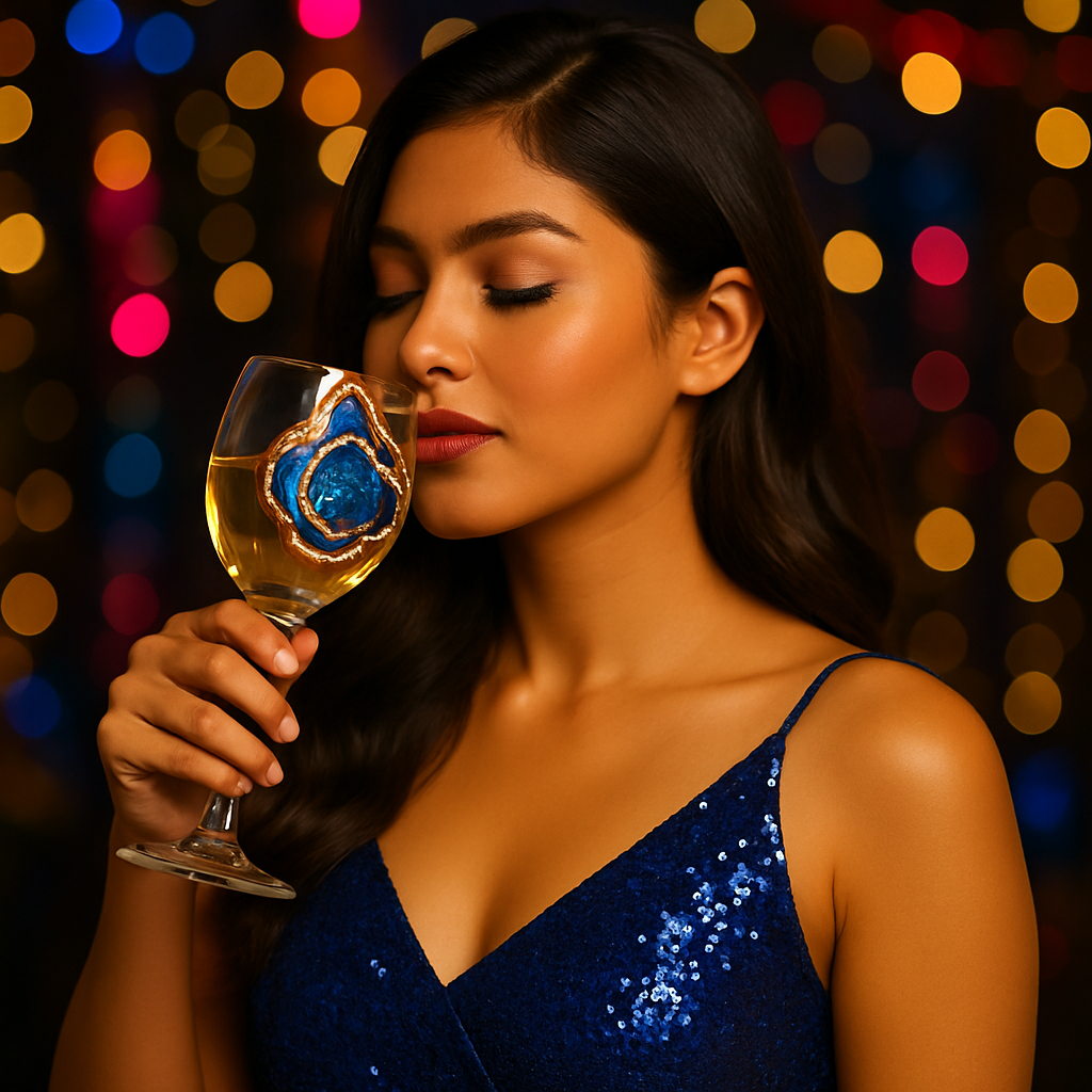 ChatGPT-Image-Apr-25-2025-12_52_47-AM.png - Bling On Decor® | Luxury Handmade Home Decor Woman in a blue sequin dress holds a wine glass, smelling it with eyes closed, against colorful bokeh lights in the background. - Bling On Decor® | Luxury Handmade Home Decor ANJU BALA