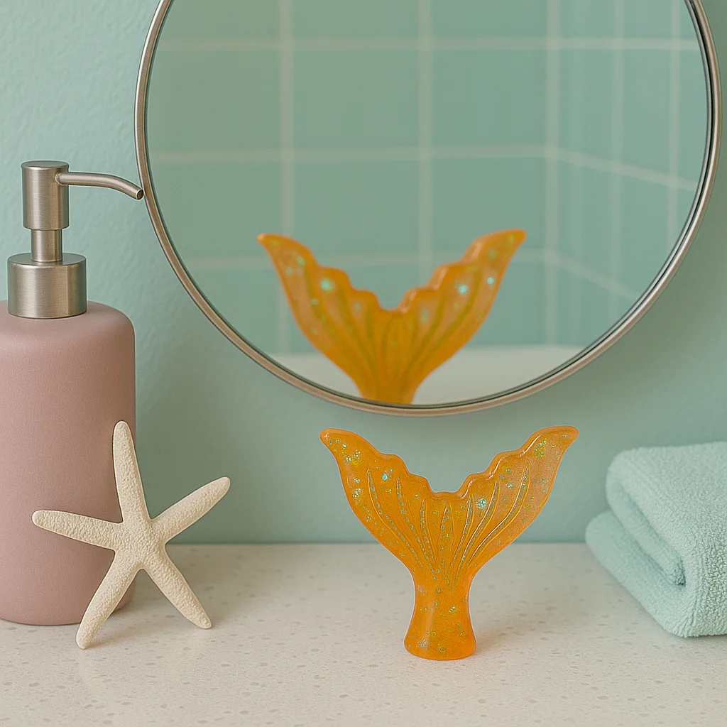 Orange mermaid-tail soap dish on a bathroom counter with a starfish, a pink soap dispenser, and teal towels reflected in a round mirror. - Bling On Decor® | Luxury Handmade Home Decor ANJU BALA