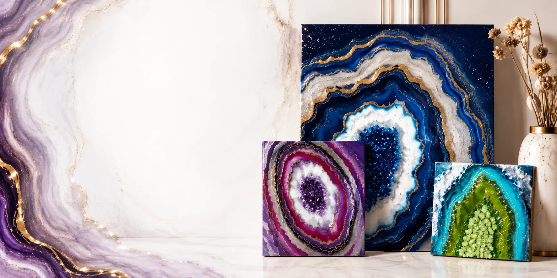 Geode-inspired art canvases in purple, blue, and green leaning against a marble backdrop with a vase of dried flowers nearby.