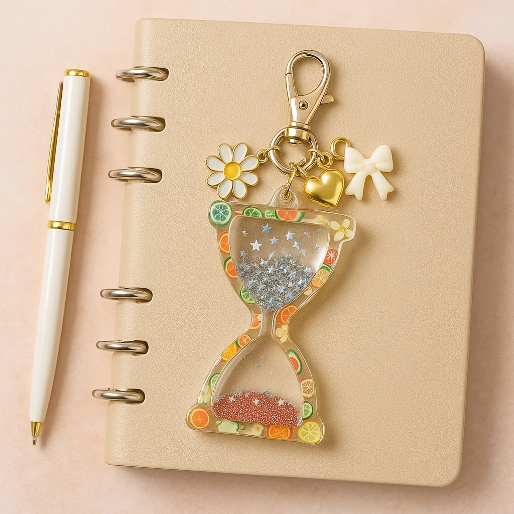 ChatGPT-Image-May-23-2025-08_51_08-PM.webp - Bling On Decorยฎ | Luxury Handmade Home Decor Beige spiral notebook with a decorative charm keychain showing an hourglass filled with glitter, citrus-fruit border, and charms (daisy, heart, bow). Plus a white-and-gold pen nearby. - Bling On Decorยฎ | Luxury Handmade Home Decor ANJU BALA