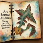 Open art journal spread featuring a colorful 3D dragon/phoenix embellishment on a watercolor background, with text about art journals on the left page. - Bling On Decor® | Luxury Handmade Home Decor ANJU BALA
