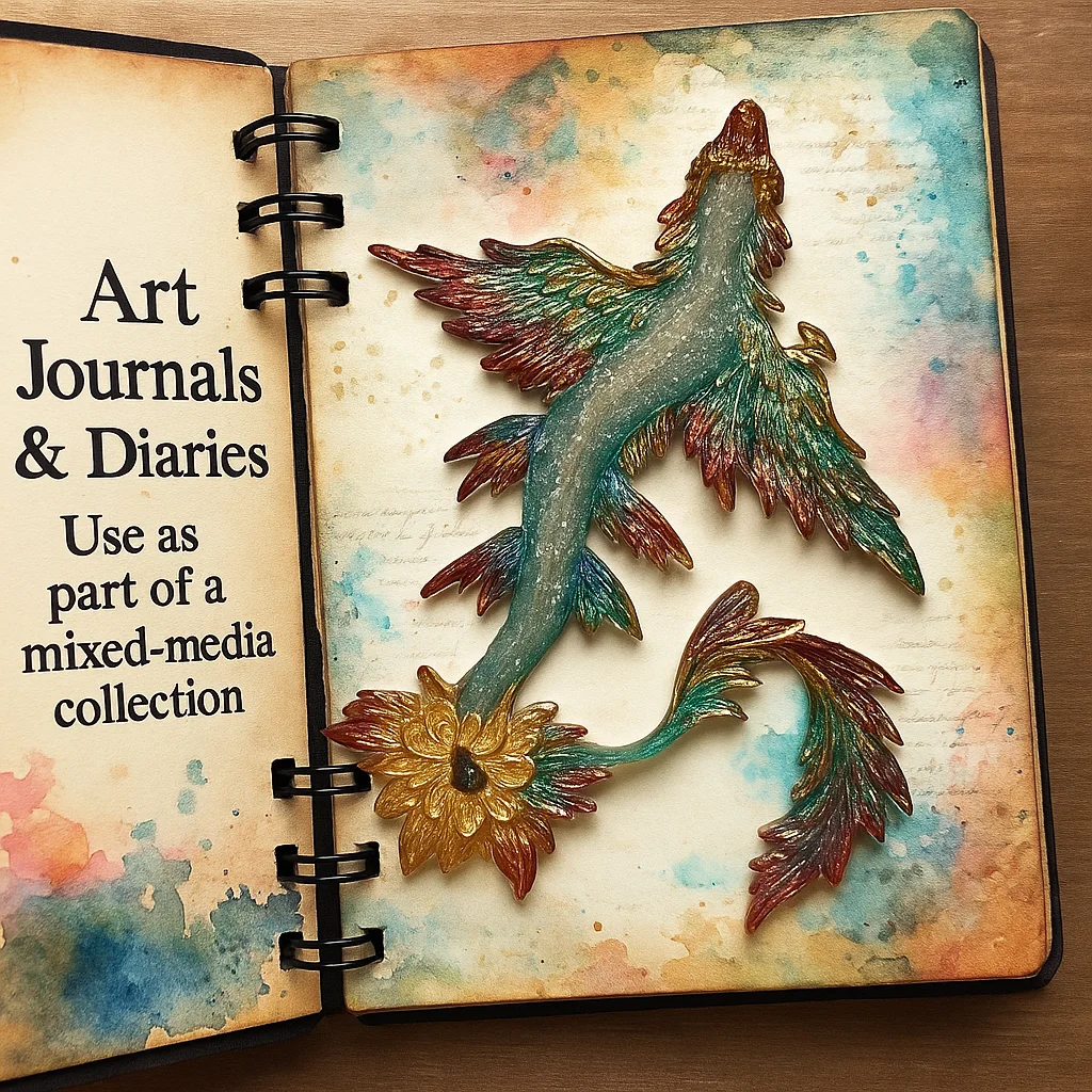 Open art journal spread featuring a colorful 3D dragon/phoenix embellishment on a watercolor background, with text about art journals on the left page. - Bling On Decor® | Luxury Handmade Home Decor ANJU BALA