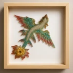Colorful phoenix sculpture with turquoise, red, and gold feathers in a wooden frame. - Bling On Decor® | Luxury Handmade Home Decor ANJU BALA