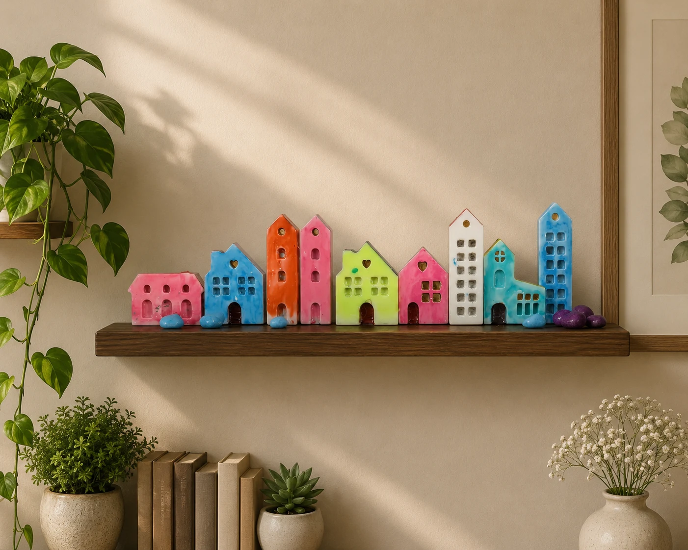 Colorful ceramic town on a wooden shelf beside potted plants and books nearby. - Bling On Decor® | Luxury Handmade Home Decor ANJU BALA