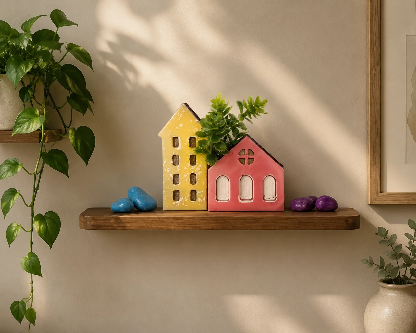 Colorful ceramic house figurines on a wooden shelf with a trailing plant and stones. - Bling On Decor® | Luxury Handmade Home Decor ANJU BALA