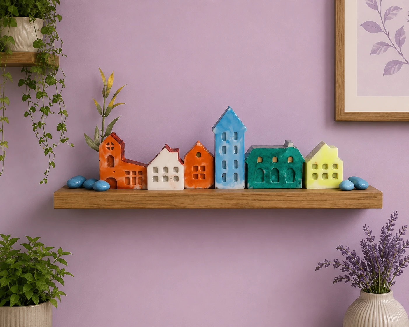 Colorful ceramic houses arranged on a wooden shelf against a lavender wall, with potted plants nearby. - Bling On Decor® | Luxury Handmade Home Decor ANJU BALA