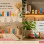 Colorful small house decor figurines arranged on shelves with plants and books, promoting tiny homes and chic home accents. - Bling On Decor® | Luxury Handmade Home Decor ANJU BALA
