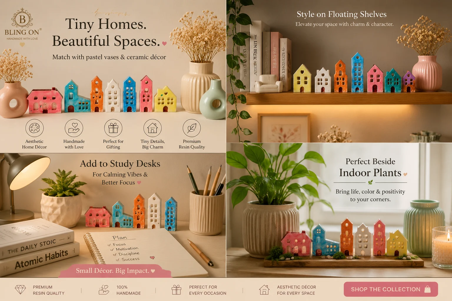 Colorful small house decor figurines arranged on shelves with plants and books, promoting tiny homes and chic home accents. - Bling On Decor® | Luxury Handmade Home Decor ANJU BALA