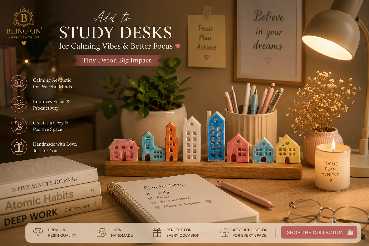 Warm study desk scene with pastel ceramic houses, a plant, notebook, and candle; promotional text about adding to study desks for calming vibes and focus. - Bling On Decor® | Luxury Handmade Home Decor ANJU BALA