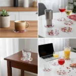 Latte on a heart-pattern coaster beside a potted succulent on a wooden kitchen counter. - Bling On Decor® | Luxury Handmade Home Decor ANJU BALA