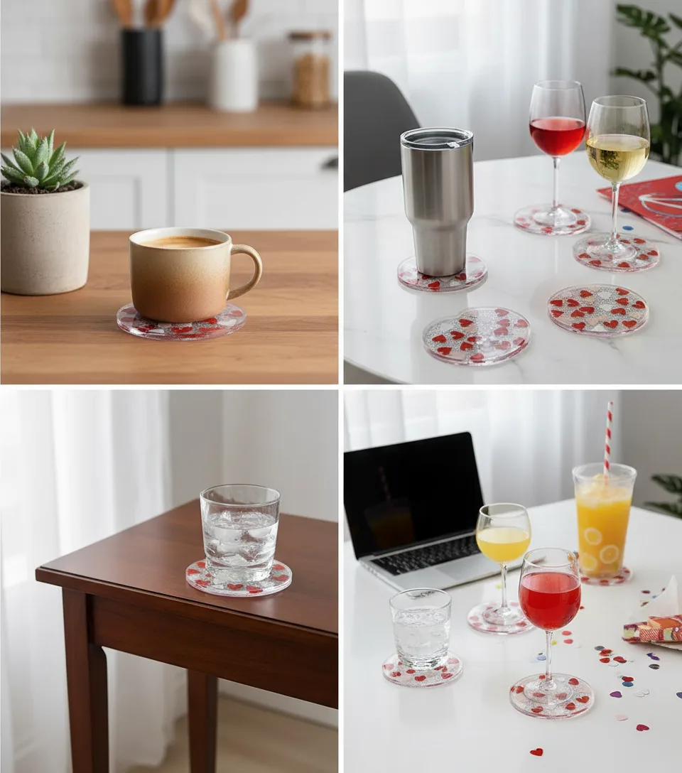 Latte on a heart-pattern coaster beside a potted succulent on a wooden kitchen counter. - Bling On Decor® | Luxury Handmade Home Decor ANJU BALA