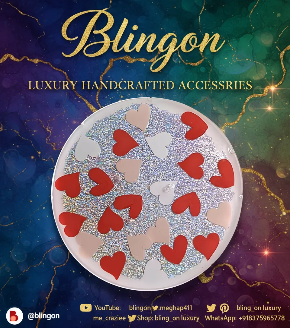 Promotional banner for Blingon Luxury Handcrafted Accessories showing a glittery round dish filled with red, pink, and white heart shapes against a colorful background with gold accents and the Blingon branding above. - Bling On Decor® | Luxury Handmade Home Decor ANJU BALA