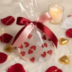 Round gift wrapped in clear cellophane with a pink and burgundy ribbon, on a fluffy white surface with rose petals and candles nearby. - Bling On Decor® | Luxury Handmade Home Decor ANJU BALA