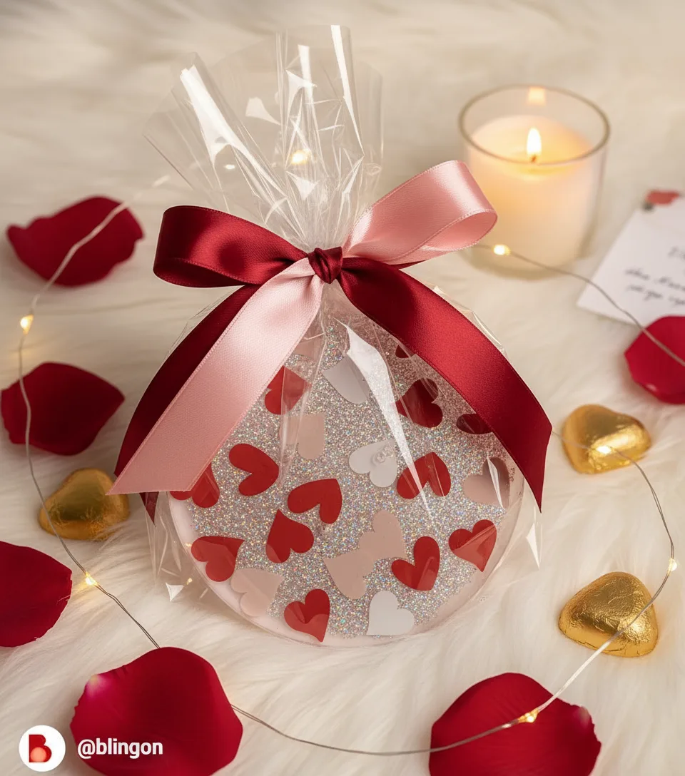 Round gift wrapped in clear cellophane with a pink and burgundy ribbon, on a fluffy white surface with rose petals and candles nearby. - Bling On Decor® | Luxury Handmade Home Decor ANJU BALA
