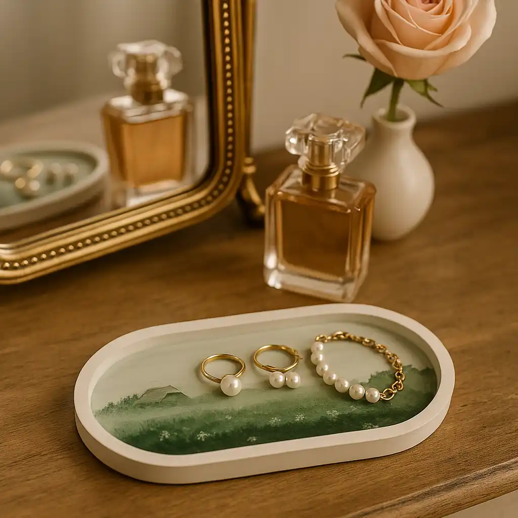 A wooden dresser tray holds three pearl jewelry pieces (ring, pair of pearl earrings, and bracelet) with a gold chain, beside a perfume bottle and a small vase with a peach rose, reflected in a mirror. - Bling On Decor® | Luxury Handmade Home Decor ANJU BALA
