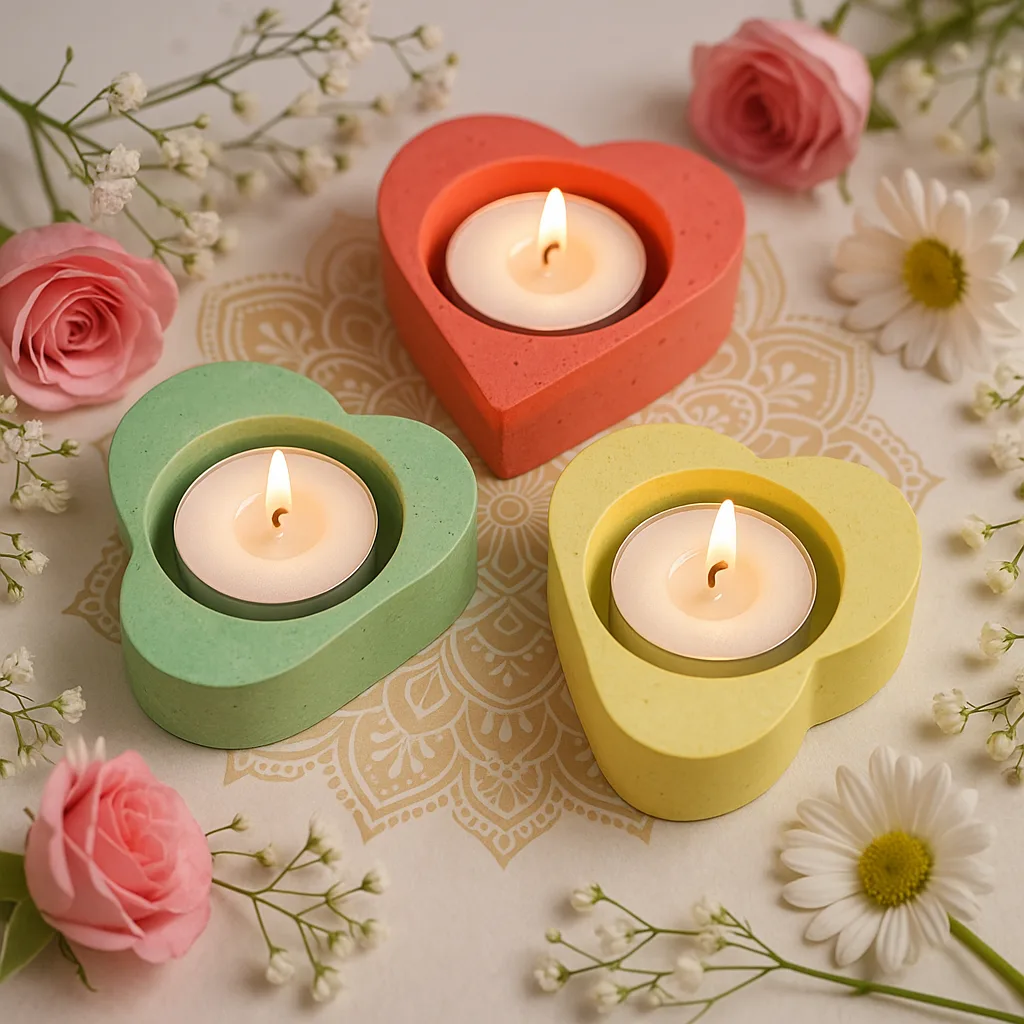 Illuminate-Your-Home-Tealight-Candle-Holder-Set-of-3-Valentines-Day-Gift-Minimalistic-Home-decor-Handmade-Gifts-1.webp - Bling On Decor® | Luxury Handmade Home Decor Three pastel heart-shaped tealight holders with lit candles, surrounded by pink roses and white daisies on a lace tablecloth. - Bling On Decor® | Luxury Handmade Home Decor ANJU BALA