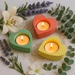 Illuminate-Your-Home-Tealight-Candle-Holder-Set-of-3-Valentines-Day-Gift-Minimalistic-Home-decor-Handmade-Gifts-2.webp - Bling On Decor® | Luxury Handmade Home Decor Three heart-shaped candle holders in green, red, and yellow with lit tealight candles, arranged on a lace-patterned doily with lavender and white lilies nearby. - Bling On Decor® | Luxury Handmade Home Decor ANJU BALA