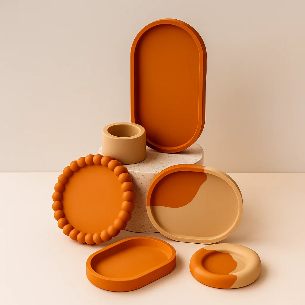 Indias-No1-Handcrafted-Jesmonite-Tray-Coaster-Set-Viral-Home-Decor-for-Gifting-Style-R-3.webp - Bling On Decor® | Luxury Handmade Home Decor Stacked orange and beige silicone serving trays and bowls on a neutral pedestal, showcasing a modern tableware set. - Bling On Decor® | Luxury Handmade Home Decor ANJU BALA
