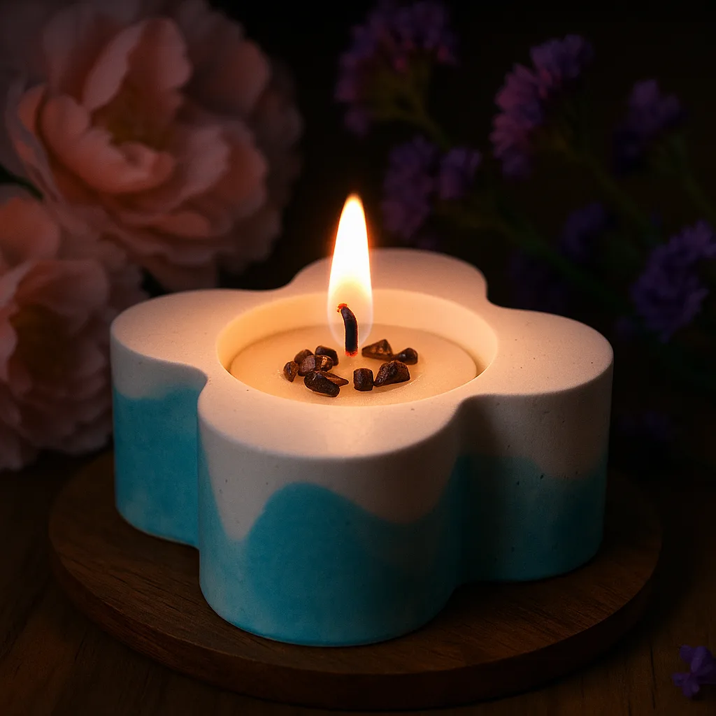 Flower-shaped candle with a single lit wick, blue and white gradient, resting on a wooden tray with blurred flowers in the background - Bling On Decor® | Luxury Handmade Home Decor ANJU BALA