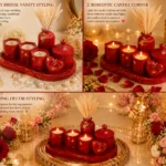 Red candle centerpiece with a heart ornament and pearl jewelry on a gold-trimmed tray. - Bling On Decor® | Luxury Handmade Home Decor ANJU BALA
