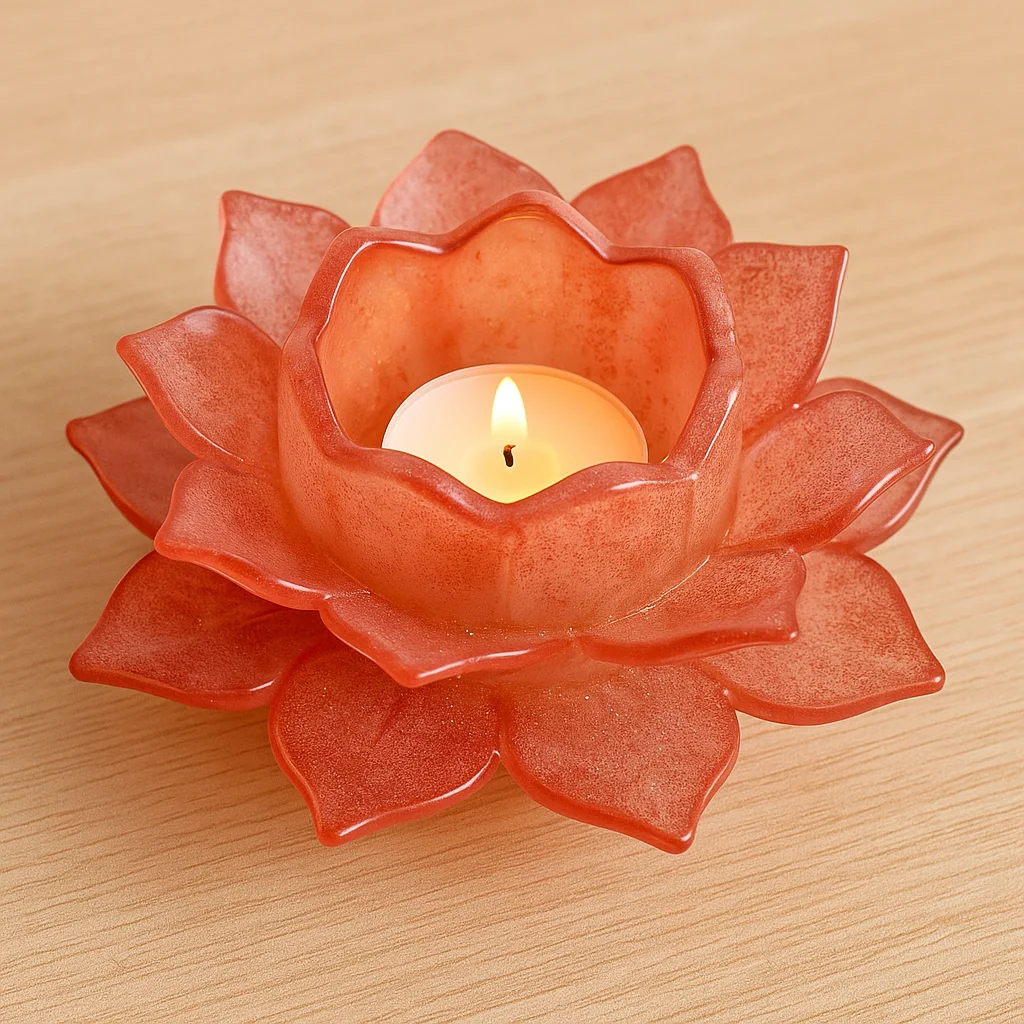 Red lotus-shaped candle holder with a small lit tea light on a wooden surface, emitting a warm glow - Bling On Decor® | Luxury Handmade Home Decor ANJU BALA