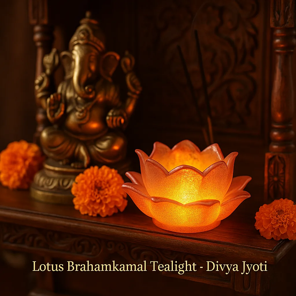Glowing orange lotus-shaped tealight on a wooden altar with a brass Ganesha statue in the background and orange marigold flowers nearby, creating a warm devotional scene. The image includes the text 'Lotus Brahamkamal Tealight - Divya Jyoti' on the bottom. - Bling On Decor® | Luxury Handmade Home Decor ANJU BALA