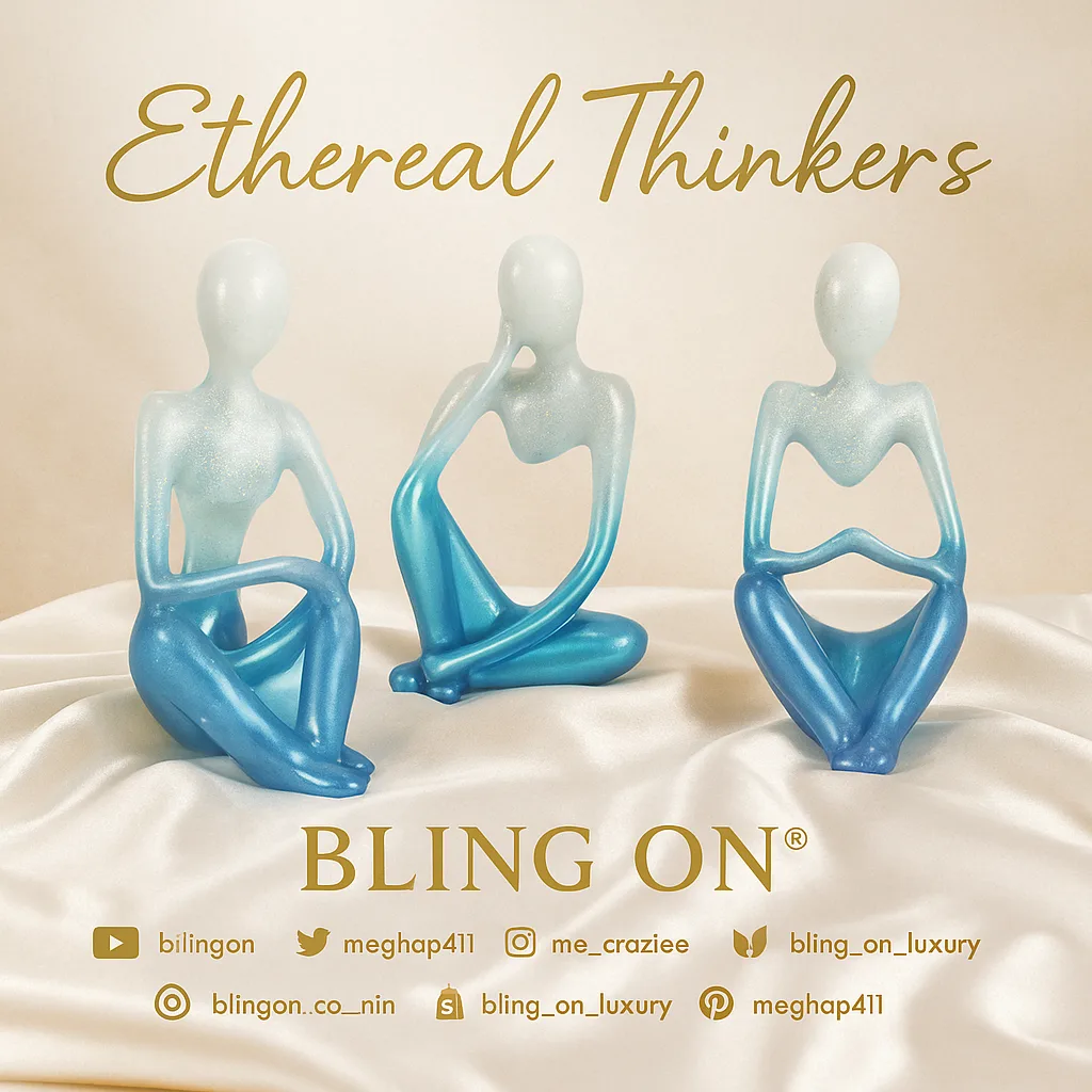 Three frosted blue abstract figurines in meditative poses on white satin, with 'Ethereal Thinkers' at the top and 'BLING ON' branding at the bottom. - Bling On Decor® | Luxury Handmade Home Decor ANJU BALA