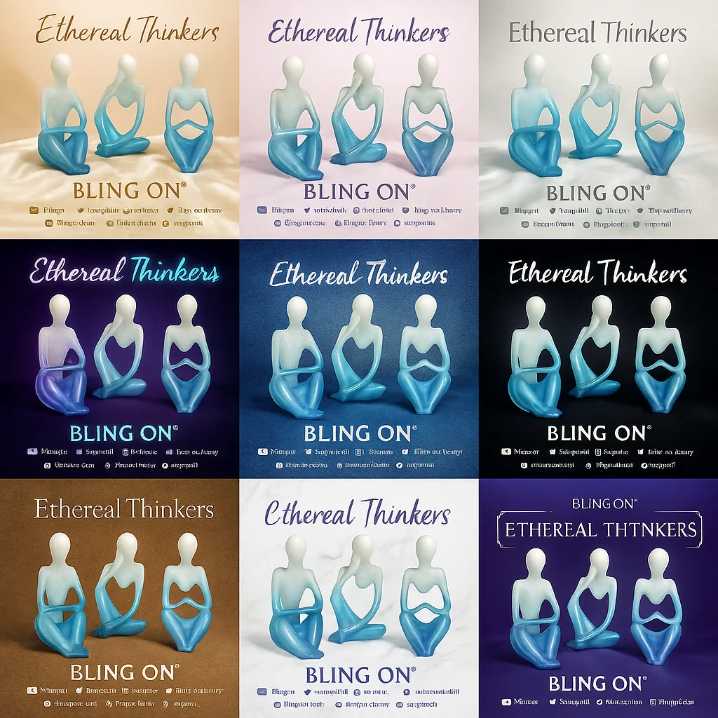 Nine Ethereal Thinkers posters in a 3x3 grid, three blue abstract figures forming a heart with BLING ON branding above. - Bling On Decor® | Luxury Handmade Home Decor ANJU BALA