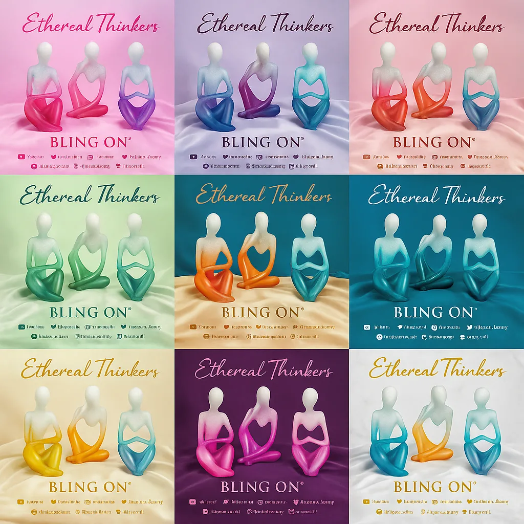 A 12-card collage of posters titled 'Ethereal Thinkers' showing three translucent seated figures on pastel backgrounds with 'BLING ON' text and social icons. - Bling On Decor® | Luxury Handmade Home Decor ANJU BALA
