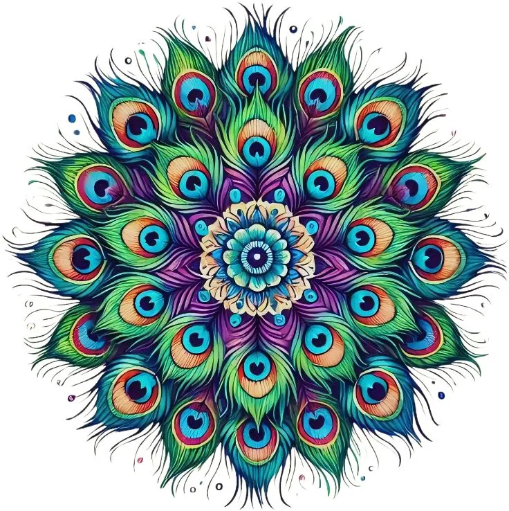 Peacock-Pattern-Printed-Coaster-Resin-Gloss-Finish-Royal-Blue-Teal-Feathers-連✨-Premium-Indian-Peacoc-.webp - Bling On Decor® | Luxury Handmade Home Decor Circular mandala of peacock feathers in blue, green, and purple with eye patterns radiating from a teal center. - Bling On Decor® | Luxury Handmade Home Decor ANJU BALA