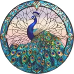 Circular stained-glass window depicting a blue peacock with a fanned tail in teal and turquoise tones. - Bling On Decor® | Luxury Handmade Home Decor ANJU BALA