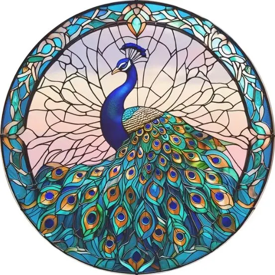 Circular stained-glass window depicting a blue peacock with a fanned tail in teal and turquoise tones. - Bling On Decor® | Luxury Handmade Home Decor ANJU BALA