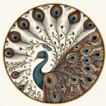 Circular decorative artwork of a peacock with an ornate tail inside a round frame, teal body and blue eye-spots in feathers - Bling On Decor® | Luxury Handmade Home Decor ANJU BALA