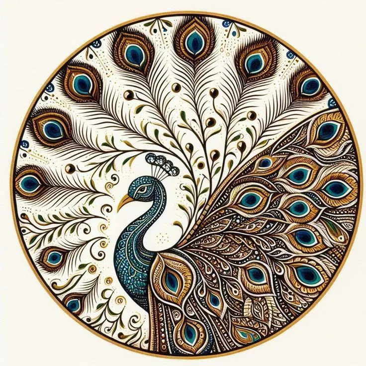 Circular decorative artwork of a peacock with an ornate tail inside a round frame, teal body and blue eye-spots in feathers - Bling On Decor® | Luxury Handmade Home Decor ANJU BALA