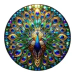 Circular stained-glass peacock with vibrant blue, green, and gold feathers radiating outward. - Bling On Decor® | Luxury Handmade Home Decor ANJU BALA