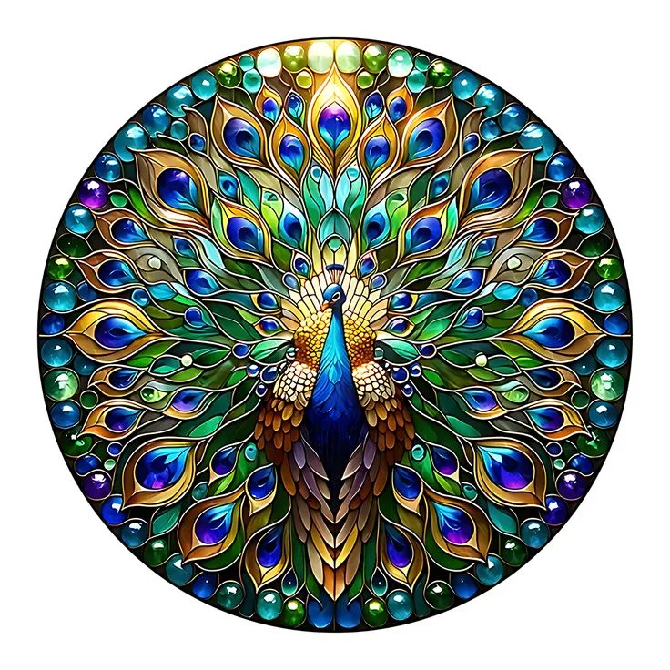 Circular stained-glass peacock with vibrant blue, green, and gold feathers radiating outward. - Bling On Decor® | Luxury Handmade Home Decor ANJU BALA