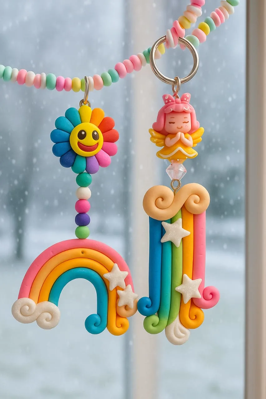 Colorful rainbow and star charms hanging from a pastel bead necklace with a smiling sun motif on the left and a pink fairy on the right. - Bling On Decor® | Luxury Handmade Home Decor ANJU BALA