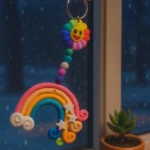 Polymer-Clay-Rainbow-Cloud-Window-Hanger-Handmade-Magic-for-Every-Space-✨-2.webp - Bling On Decor® | Luxury Handmade Home Decor Colorful rainbow sun pendant hanging from a beaded string by a window, with stars and a small cloud nearby. - Bling On Decor® | Luxury Handmade Home Decor ANJU BALA