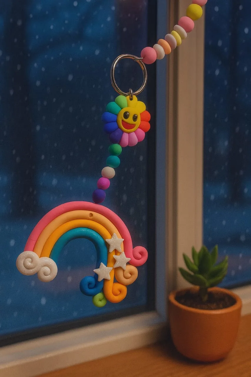 Polymer-Clay-Rainbow-Cloud-Window-Hanger-Handmade-Magic-for-Every-Space-✨-2.webp - Bling On Decor® | Luxury Handmade Home Decor Colorful rainbow sun pendant hanging from a beaded string by a window, with stars and a small cloud nearby. - Bling On Decor® | Luxury Handmade Home Decor ANJU BALA