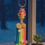 Colorful clay keychain with a pink angel figure above a rainbow of twisting ribbons and star charms, hanging from a metal ring near a window. - Bling On Decor® | Luxury Handmade Home Decor ANJU BALA