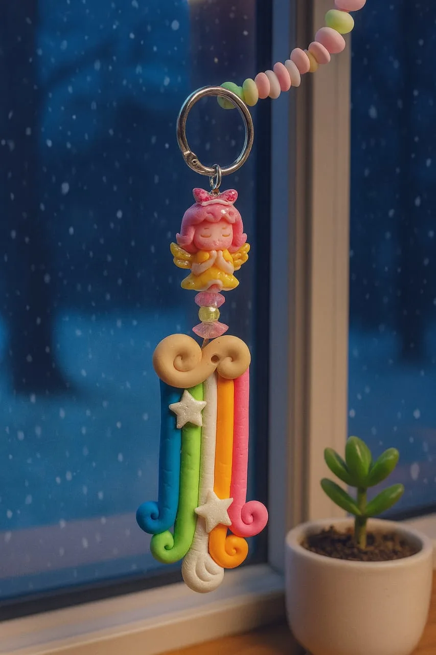 Colorful clay keychain with a pink angel figure above a rainbow of twisting ribbons and star charms, hanging from a metal ring near a window. - Bling On Decor® | Luxury Handmade Home Decor ANJU BALA