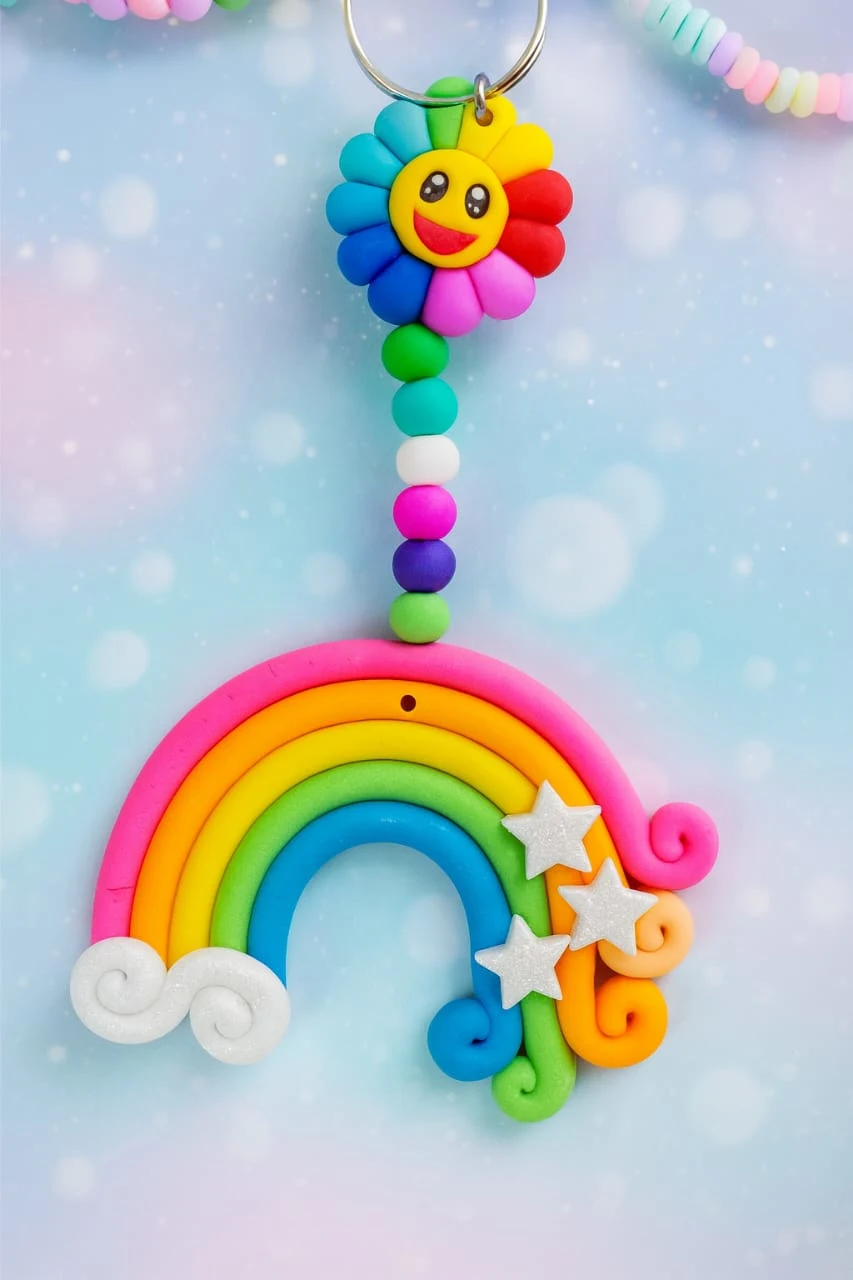 Polymer-Clay-Rainbow-Cloud-Window-Hanger-Handmade-Magic-for-Every-Space-✨-4.webp - Bling On Decor® | Luxury Handmade Home Decor Colorful rainbow keychain with a smiling sun flower at the top, beaded pink, blue, and green strand, and white stars against a pastel background. - Bling On Decor® | Luxury Handmade Home Decor ANJU BALA