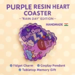 Purple resin heart coaster labeled 'Rain Day' edition, handmade (India flag). Whimsical design with clouds and playful shapes; listed items: Fidget Charm, Cosplay Pendant, Tabletop Memory Gift. - Bling On Decor® | Luxury Handmade Home Decor ANJU BALA