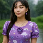 Young woman wearing a purple cloud-pattern dress stands in light rain, smiling softly with purple heart earrings and a 'Rain Day' pendant necklace. - Bling On Decor® | Luxury Handmade Home Decor ANJU BALA
