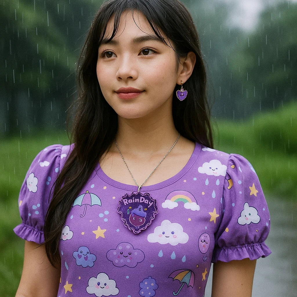 Young woman wearing a purple cloud-pattern dress stands in light rain, smiling softly with purple heart earrings and a 'Rain Day' pendant necklace. - Bling On Decor® | Luxury Handmade Home Decor ANJU BALA